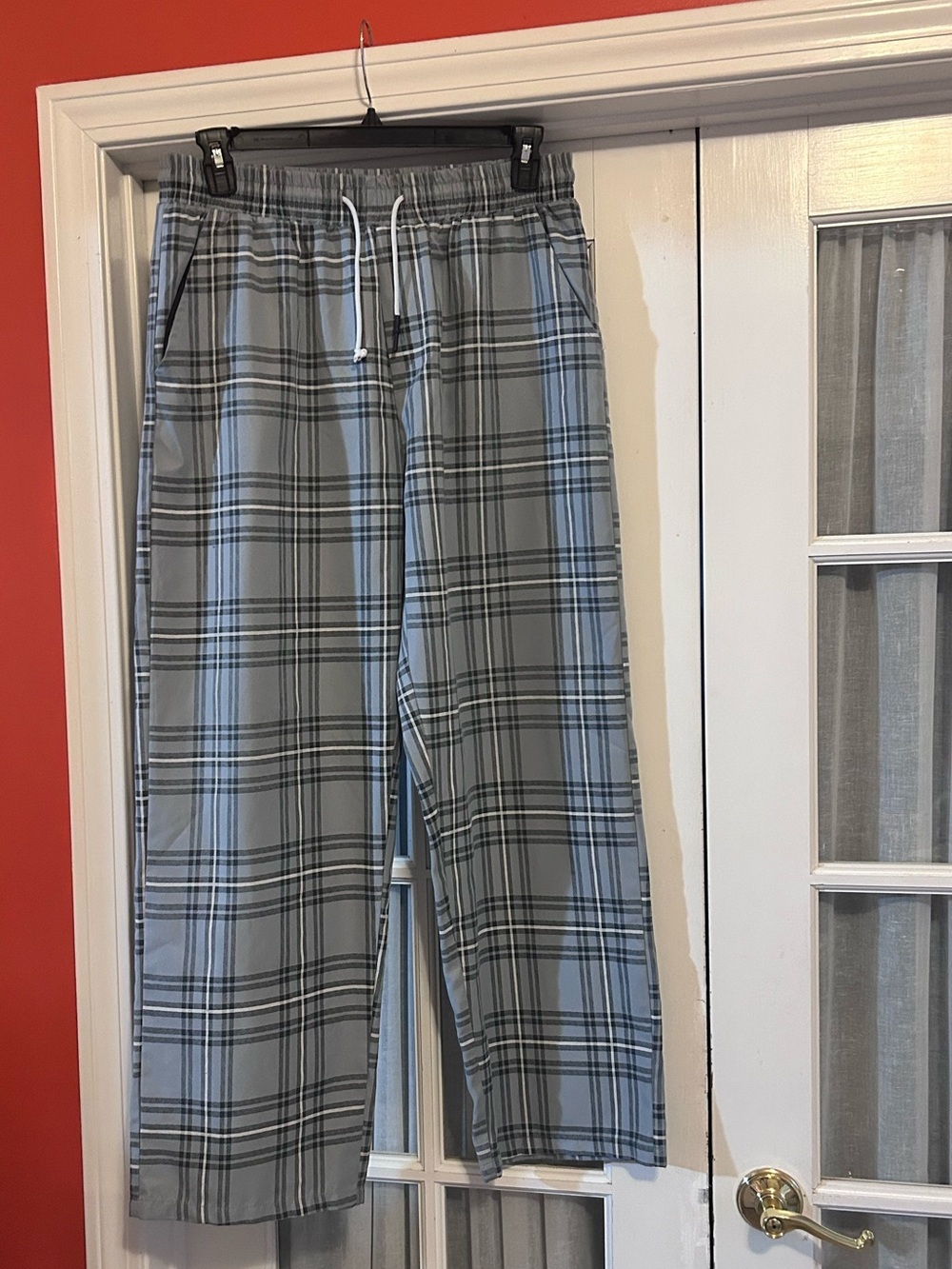 Plaid Drawstring Elastic Waist Pajama Pants Gray Blue Black Men - Picture 3 of 4